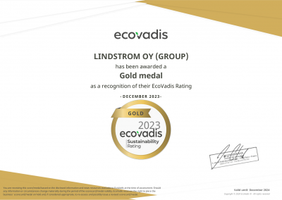 林斯特龙连续获得EcoVadis可持续发展评级金牌认证
